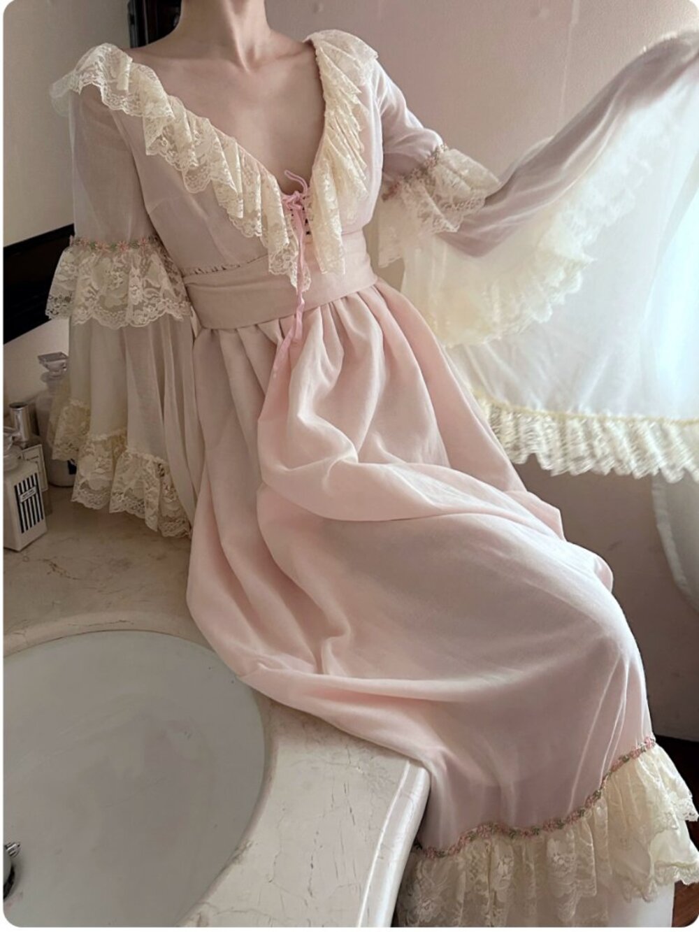 Vintage Lace Pink Nightgown-Style Maxi Dress — Cottagecore Coquette — Size L